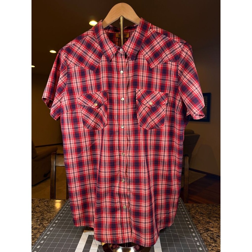 Wrangler Mens XL Western Shirt Red Navy Plaid Short Sleeve Pearl Snap Cowboy